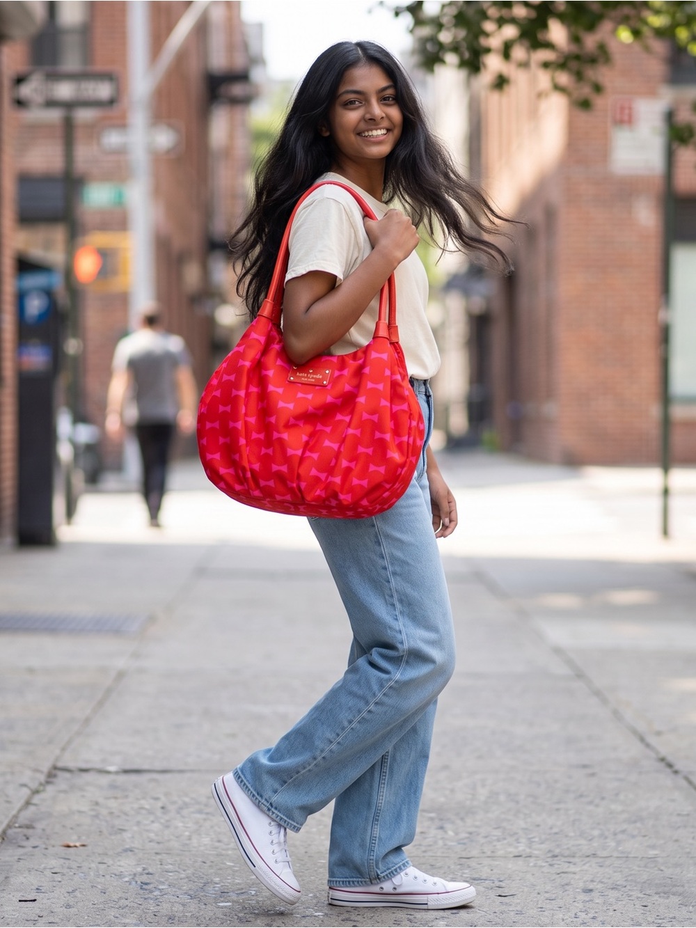 kate spade Red and Pink Bow-Print Shoulder Bag-GUC!!